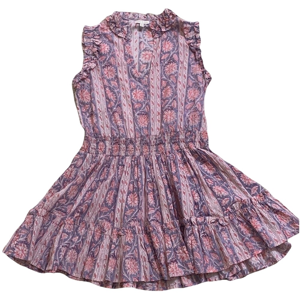 Anna Cate Mini Dress Womens Large Purple Floral Print Smocked Ruffle V-Neck
